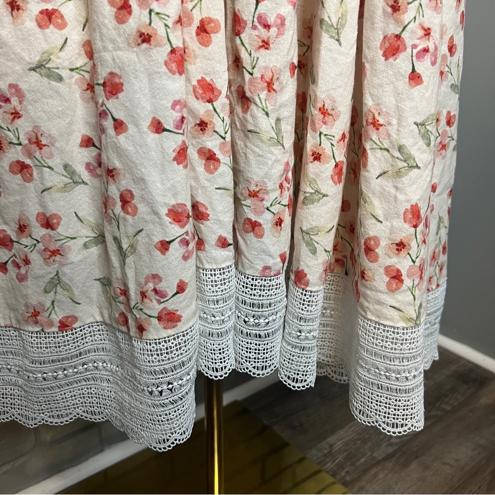 Linen Vibes Floral Tie-Waist Maxi Dress in Cream and Coral Lace Hem Size XS - Picture 6 of 13